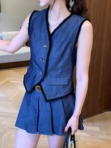 DAZY Bộ đồ thời trang nữ gồm áo vest và chân váy denim không tay, thêu tua rua, nhuộm tie-dye, có tua rua. - Màu xanh lam - Xem 9