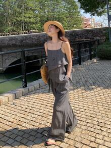 DAZY 女士吊带背心韩版衬衫长裤两件套家居服套装女士短款夏季套装 - 灰色 - 查看 2