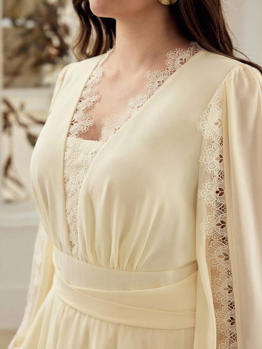 MOTF PREMIUM PLUS SIZE WOMEN'S ROMANTIC LACE PATCHWORK SPLIT LANTERN SLEEVE DRESS WINTER - Apricot - View 2