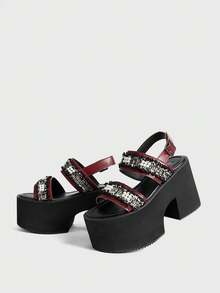Sugerpunk Giày sandal đế xuồng phong cách punk gợi cảm và thanh lịch dành cho nữ, kiểu dáng Gothic với sọc ngọc trai, quai đôi, gót chunky kiểu La Mã, khóa kim loại co giãn ở mắt cá chân, hở mũi, thích hợp cho tiệc tùng, hộp đêm, lễ hội. - Màu Đỏ Sâu - Xem 4