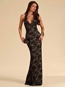SHEIN BAE Đầm ren ôm sát màu đen gợi cảm cổ chữ V sâu, thanh lịch cho tiệc bãi biển, hẹn hò, đầm ren. - màu đen - Xem 4