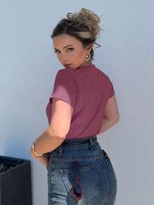 Jeta Ari Solid Color Embroidered Heart Short Sleeve T-Shirt Summer,Business Casual Women - Purple - View 5