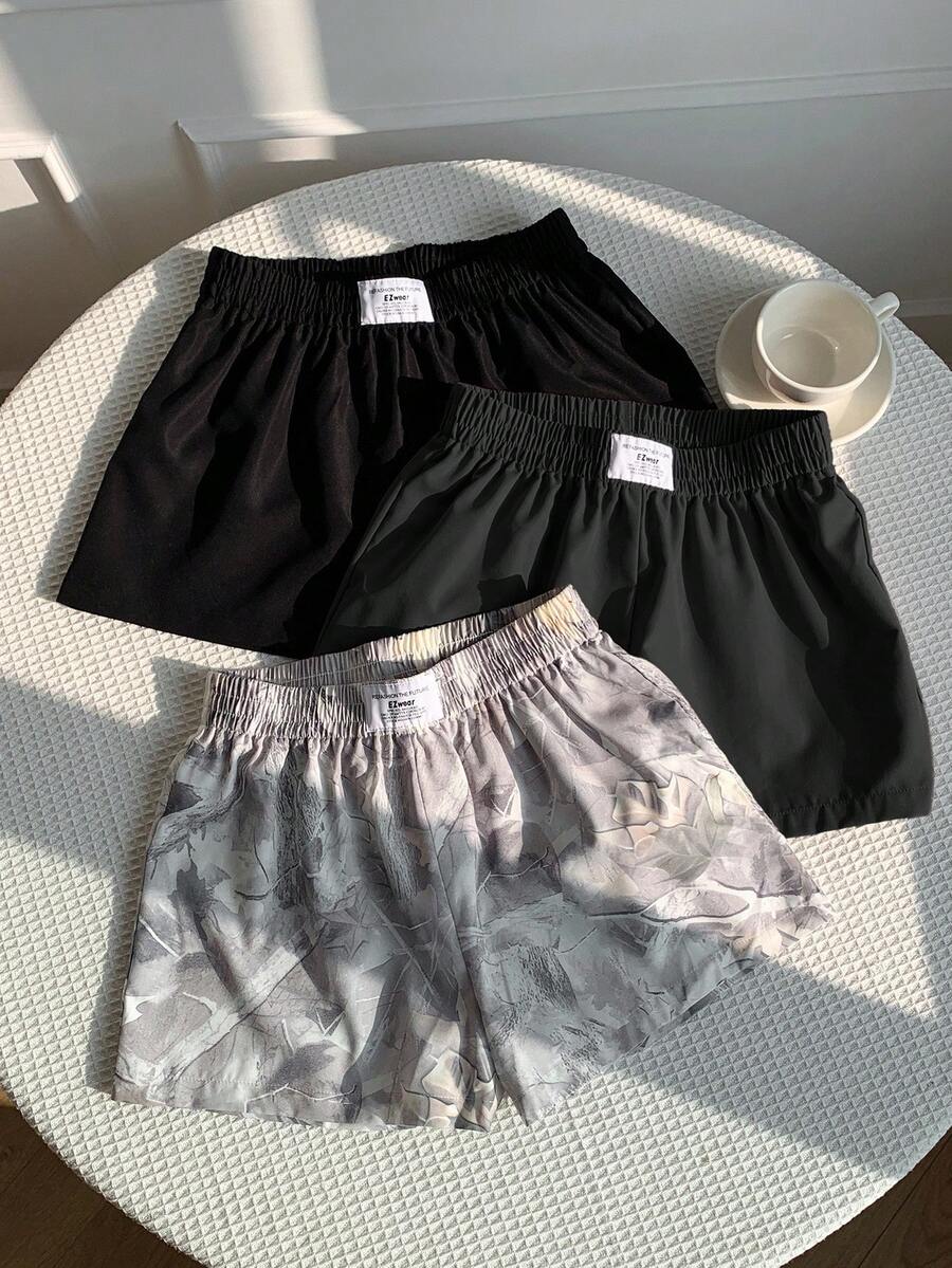 SHEIN EZwear Bộ 3 món cỡ lớn gồm quần short màu trơn và họa tiết cành cây, kiểu dáng đơn giản, đa năng, thoải mái, thích hợp mặc thường ngày. - Nhiều màu - Xem 1