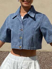 Livesso Women's Casual Everyday Washed Front Button Short Sleeve Denim Blouse - Blue - View 7