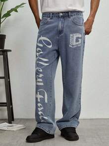 GALLERY FADE Men's Hip Hop Street Fashion Letter Print Washed Straight Leg Wide Jeans - Light Wash - View 1