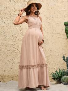 Boho Mama Pregnant Women's Ruched Waist Elegant Round Neck Casual Dress For Vacation & Daily Wear - Khaki - View 6