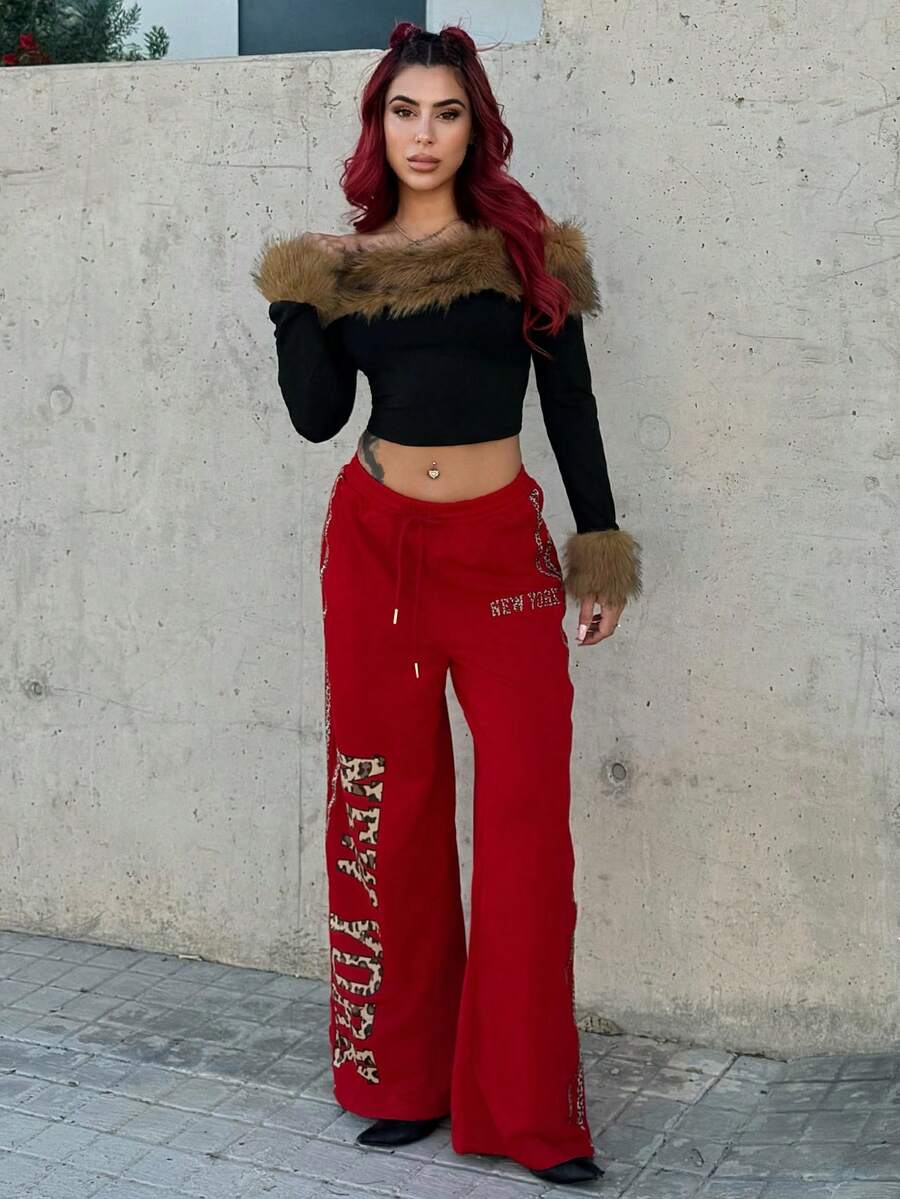 Bearsaez Women's Daily Wear Athleisure New Year Leopard Baggy Straight Pants - Red - View 1