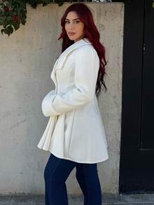 Bearsaez 女士貂皮袖口领腰部 A 字型优雅日常通勤厚羊毛大衣 - 杏色 - 查看 6