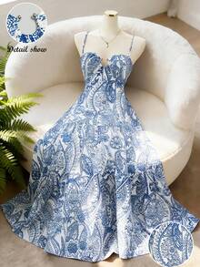 GlowEve Đầm maxi không tay cổ khoét eo họa tiết Paisley dành cho nữ, duyên dáng, thanh lịch, thích hợp mặc hàng ngày, phong cách boho chic, đi biển, đi làm, gợi cảm, hẹn hò, phong cách đường phố Pháp, retro, đa năng, màu xanh trắng, mới. - Nhiều màu - Xem 1