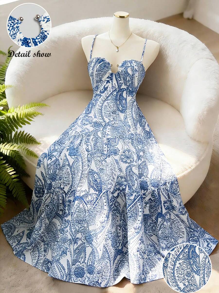 GlowEve Đầm maxi không tay cổ khoét eo họa tiết Paisley dành cho nữ, duyên dáng, thanh lịch, thích hợp mặc hàng ngày, phong cách boho chic, đi biển, đi làm, gợi cảm, hẹn hò, phong cách đường phố Pháp, retro, đa năng, màu xanh trắng, mới. - Nhiều màu - Xem 1