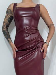 Bearsaez 女士优雅酒红色无袖修身 PU 连衣裙 - 酒紅色 - 查看 4