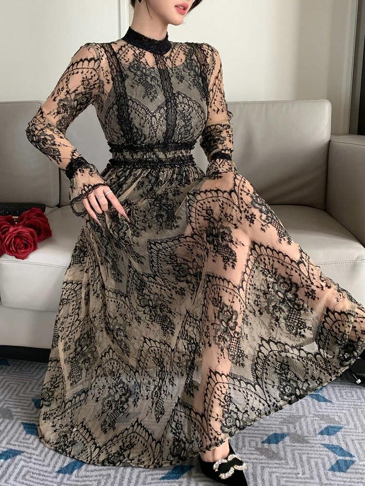 Women's Solid Color Lace Sheer Elegant Long Sleeve Midi Dress