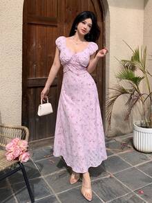 K-Vae V-Neck Ditsy Floral Waist Cinching Summer Maxi Dress - Pink - View 7