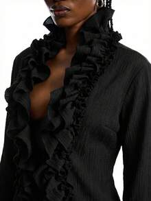 LYSMO New Minimalist Spring Women's Solid Color Ruffle Trim Long Sleeve Fashion Blouse, Black Ruffle Trim Top, Ruffle Trim Shirt - Black - View 6