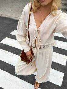 Livesso 2pcs/Set Women's White Lace Patchwork Tie-Up Vacation Outfit Lounge Sets For Women - Apricot - View 7