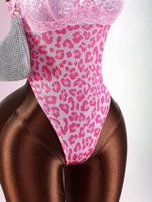 Amplova Women's Fashion Sexy Lace Patchwork Leopard Print Bodysuit - Pink - View 7