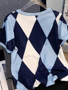 GlowEve CURVE Blue & White Rhombus Plaid Short Sleeve Casual Plus Size T-Shirt, Spring/Summer - Blue and White - View 2