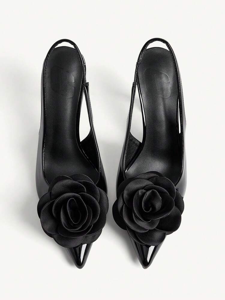 CUCCOO CHICEST Women's High Heels Pointed 9CM Women's Elegant Stiletto Shoes Back Strap Easy To Wear Back Strap Mirror PU Material Rose Big Buckle Black High Heels Sexy Kitten Heel For Daily/Party/Christmas Valentine's Day Dating/Office Professional Shoes Women's Shoes Elegant Shoes Wedding Shoes