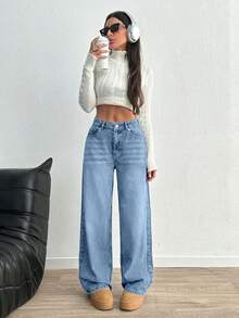 EURMUSE Women's Y2K Casual Everyday Commute Simple Versatile Wide Leg Jeans - Baby Blue - View 5
