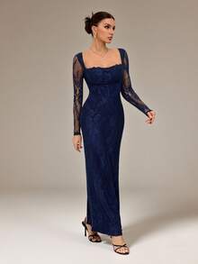 SHEIN Tall Đầm maxi đen ôm sát cơ thể, dài tay, dáng chữ S, chất liệu ren, có gọng nâng ngực, cổ vuông, ôm sát, dành cho nữ, thích hợp cho các buổi tiệc mùa hè, hẹn hò. - Màu xanh hải quân - Xem 4
