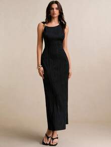 Poéselle 女士优雅派对礼服，简约纯色纹理面料，金属装饰，不对称领口，无袖修身黑色连衣裙 - 黑色 - 查看 7