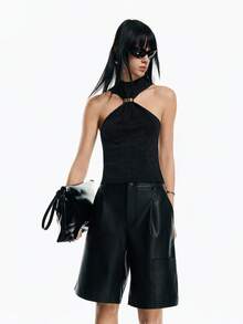 Airlisse Women's Halter Neck Cinched Waist Glitter Knit Tank Top Halter Tops For Women High Neck Top Black Top - Black - View 7