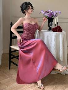 DAZY 女士优雅亮片抹胸上衣和半裙两件套，夏季 - 紫色 - 查看 7