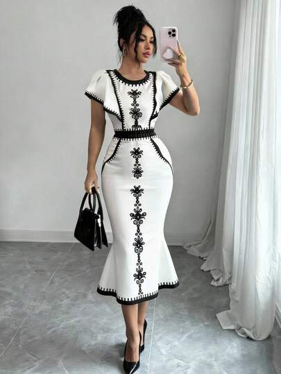 Elenzga Đầm midi ôm dáng cổ tròn, họa tiết hoa, phối bèo nhún, dành cho nữ.