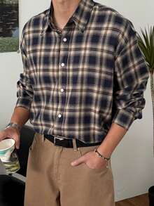 DAZY Áo sơ mi nam kẻ caro dáng rộng, thích hợp cho mùa xuân và mùa thu. - màu đen - Xem 2