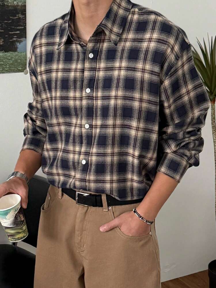 Men's Plaid Loose Fit Casual Shirt, Suitable For Spring And Autumn