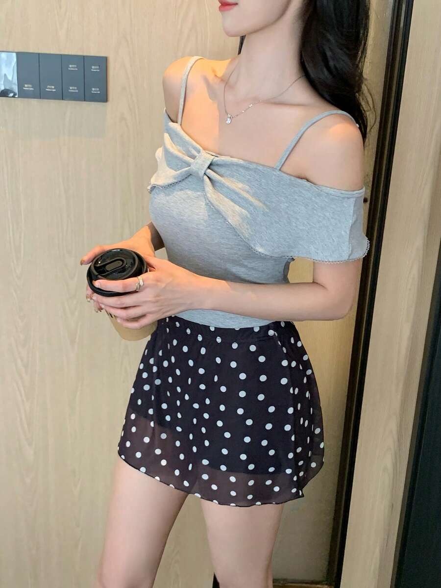 DAZY Women's Bow Tie Off-Shoulder Loose T-Shirt, Fresh And Chic - Grey - View 1