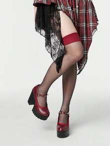 ROMWE Goth Giày cao gót đế dày ren gợi cảm dành cho nữ, kiểu dáng thời trang xuân/thu, màu trơn, đính đinh tán kim loại, khóa cài, gót cao, mũi thấp, thích hợp cho mùa thu Giáng sinh. - Rượu vang - Xem 6