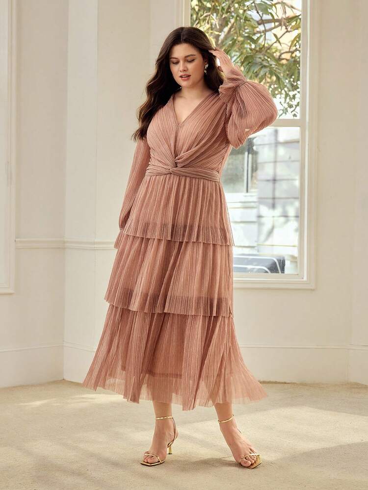 PLUS SIZE WOMEN'S LAYERED A-LINE PLEATED MIDI DRESS, SPRING/SUMMER