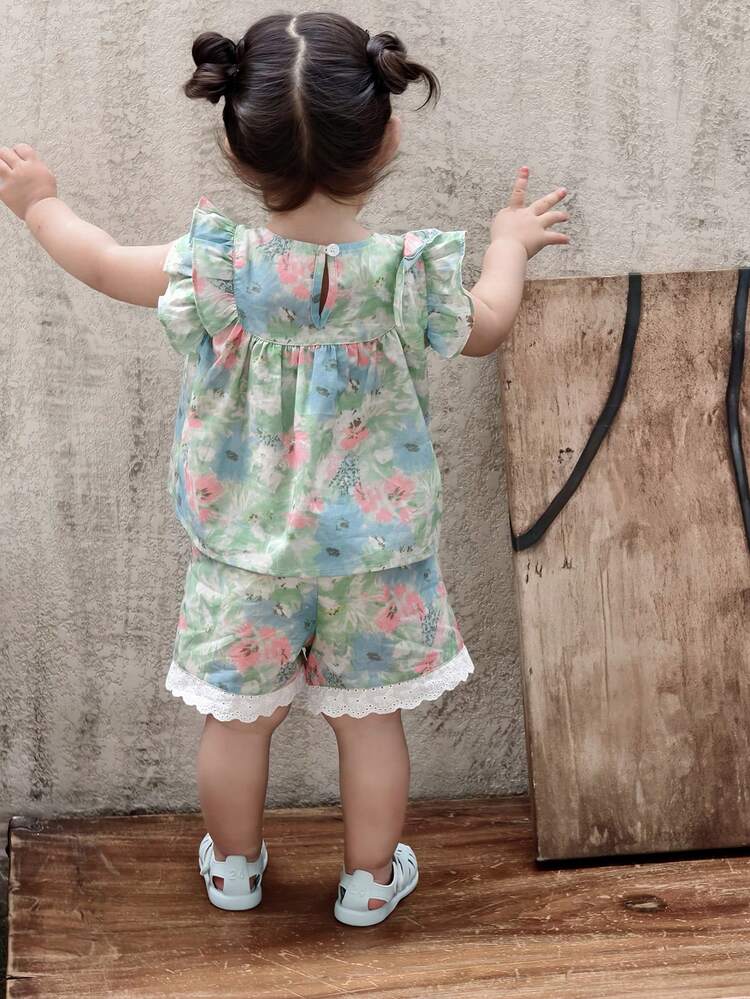 2pcs Baby Girls' Floral Print Ruffle Collar Shirt And Shorts Set, Summer
