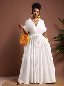 Truni 大码女士优雅白色连衣裙,宽松长款,腰间饰有编织腰带,适合度假、下午茶、邮轮、城市驾车、波西米亚风、音乐节、海滩装扮、复活节、优雅连衣裙、度假装、音乐会装、热带度假装、波西米亚风服装,春夏秋季皆宜。 - 白色 - 查看 8