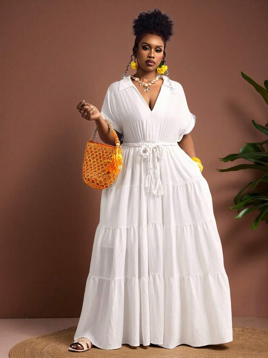 Truni 大码女士优雅白色连衣裙，宽松长款，腰间饰有编织腰带，适合度假、下午茶、邮轮、城市驾车、波西米亚风、音乐节、海滩装扮、复活节、优雅连衣裙、度假装、音乐会装、热带度假装、波西米亚风服装，春夏秋季皆宜。