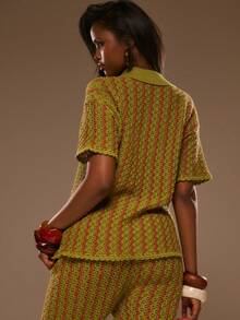 MUSERA Striped Crochet Boxy Fit Short Sleeve Shirt Spring Summer Vacation Beach Elegant Ibiza Festival Holiday Tajine - Multicolor - View 4