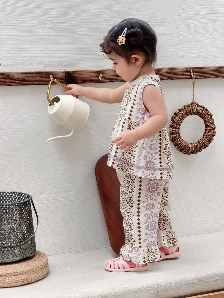 Baby Girl Casual Floral Print Sleeveless Shirt And Pants Set, Summer