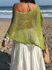 Sunnyshic 女士绿色镂空露肩休闲轻薄针织披肩，适合夏季度假 - 綠色 - 查看 2