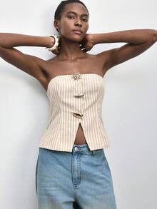 Maija Women's Spring And Summer New Style White Three-Dimensional Metal Decoration Urban Modern Daily Casual Tube Top Suitable For Going Out Festival Party Date Wear Party Wedding Music Festival Old Money 90s Women's Clothing Bohemian, Striped Metal Buckle Design Strapless Shirts Summer Tops Strapless Neutral Clothes For Women Beige Two Piece Set Sea Shell Outfit V - Multicolor - View 7