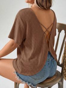 Freevana Plus Size Waffle Knit Batwing Sleeve T-Shirt - Brown - View 1