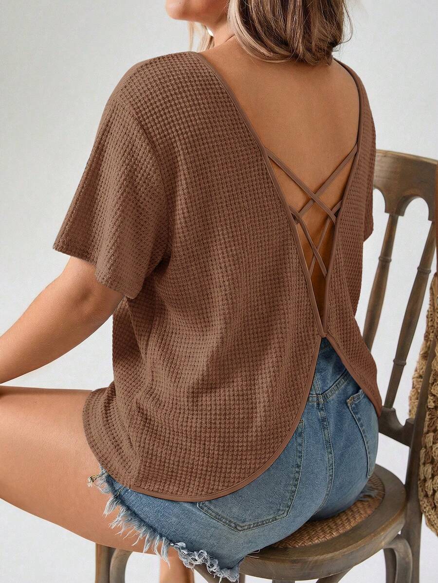 Freevana Plus Size Waffle Knit Batwing Sleeve T-Shirt - Brown - View 1