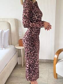 Mélanie ORL 女士优雅豹纹网眼褶皱紧身连衣裙 - 棕色 - 查看 5