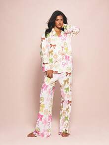 MISSGUIDED Women's Ribbon And Bow Print Button Up Long Sleeve Pajama Set With Matching Straight Leg Pants For Sleepwear - Multicolor - View 1