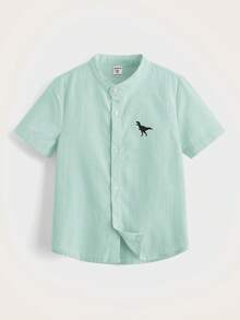 SHEIN Young Boy Dinosaur Print Stand Collar Short Sleeve Casual Shirt, Suitable For Summer Holiday & Daily Commute - Mint Green - View 5