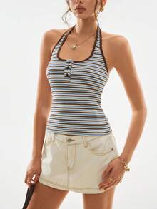 Poéselle 女士条纹吊带针织背心，Y2K 无袖休闲夏季吊带衫，弹力外出上衣，女士休闲条纹吊带背心，法式风格上衣，2026 新款条纹上衣，女士条纹背心，夏季条纹上衣，沙滩上衣，吊带背心，女士背心，夏季上衣，女士沙滩装，女士夏季装，女士沙滩装 - 藍色 - 查看 6