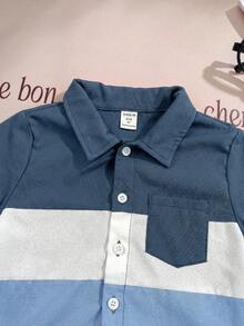 SHEIN 儿童夏季休闲舒适通勤风三色经典拼接翻领短袖衬衫，适合户外玩耍、上学、聚会、城市漫步 - 藍色 - 查看 5