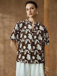 Arave Women's Embroidered Front Button Petal Sleeve Elegant Blouse - Coffee Brown - View 5