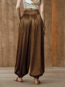 Arave Women's High Waist Loose Fit Acetate Satin Pleated Relaxed Elastic Waist Daily Commute Pants - Coffee Brown - View 5