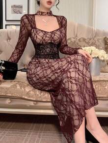 Joudiya Đầm dự tiệc ôm sát hở lưng bằng ren tương phản thanh lịch dành cho nữ - Màu Đỏ Sâu - Xem 7